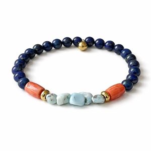 Bracelet Coloré Femme Artisanal – Perles en Pierre naturelle Lapis Lazuli Corail et Aigue Marine