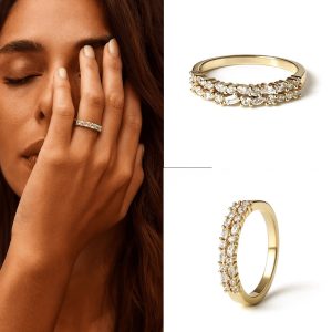 Bague Argent 925 Plaqué Or à Double Rang de Diamant Synthétique Zirconiums Marquise et Ronds