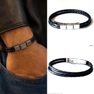 Bracelet cuir tressé noir double rang et acier inoxydable pour homme artisanal
