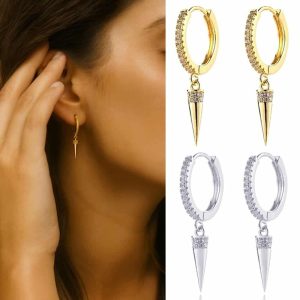 Boucles d’Oreilles Pic en Argent 925 Plaqué Or avec Pendentif Pointe et Zirconiums CZ