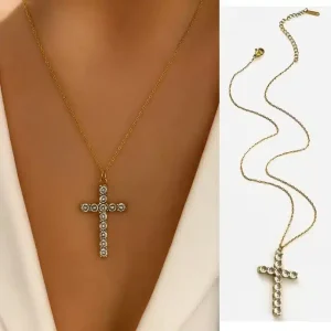 Collier artisanal pendentif croix en acier doré et strass CZ pour femme