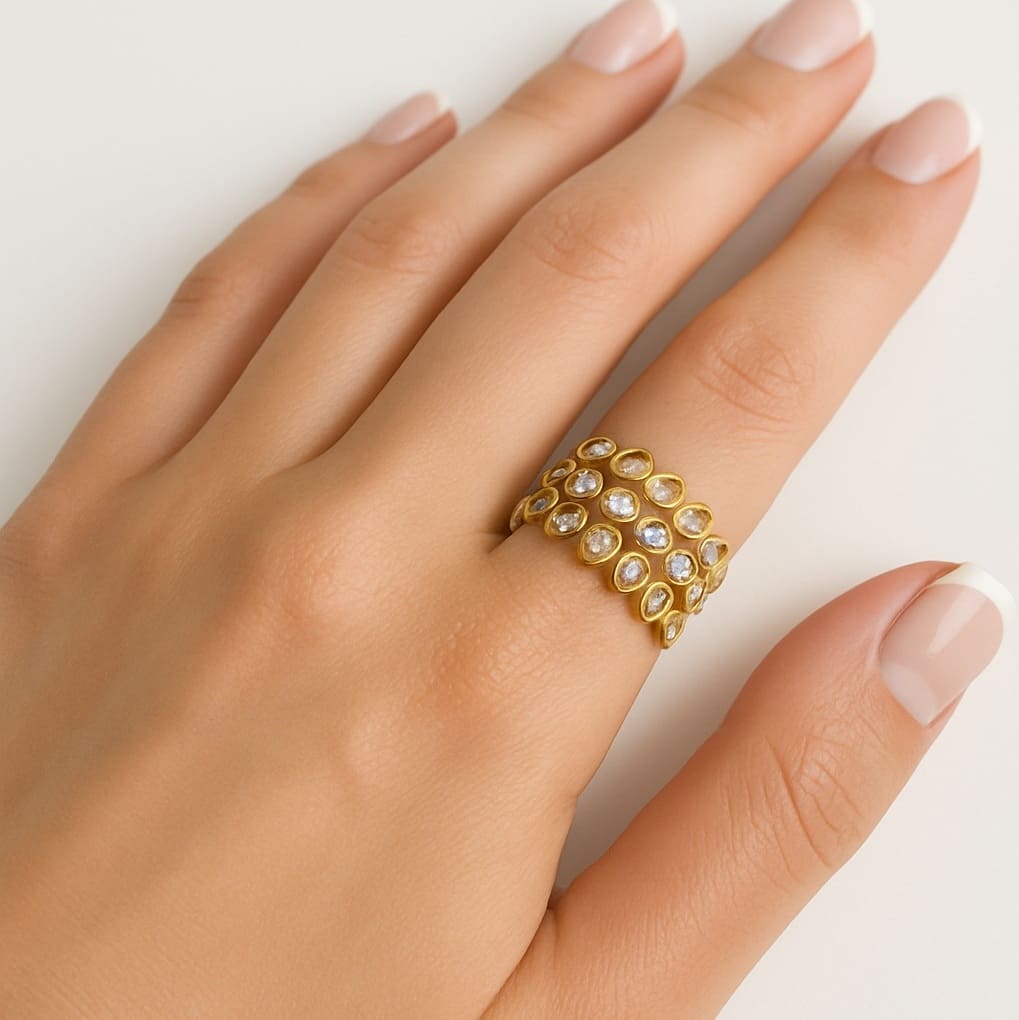 Bague 3 rangs Diamant synthétique Acier Inoxydable Doré Et Mini Zirconium réglable – Image 7