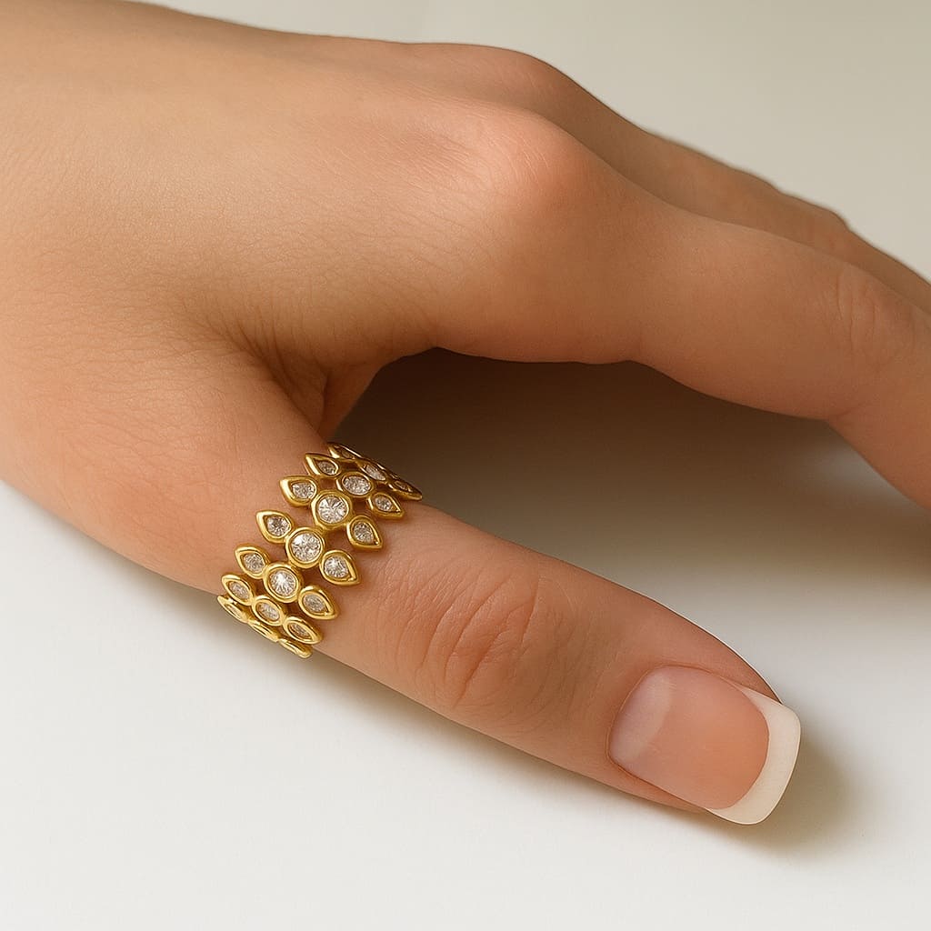 Bague 3 rangs Diamant synthétique Acier Inoxydable Doré Et Mini Zirconium réglable – Image 2