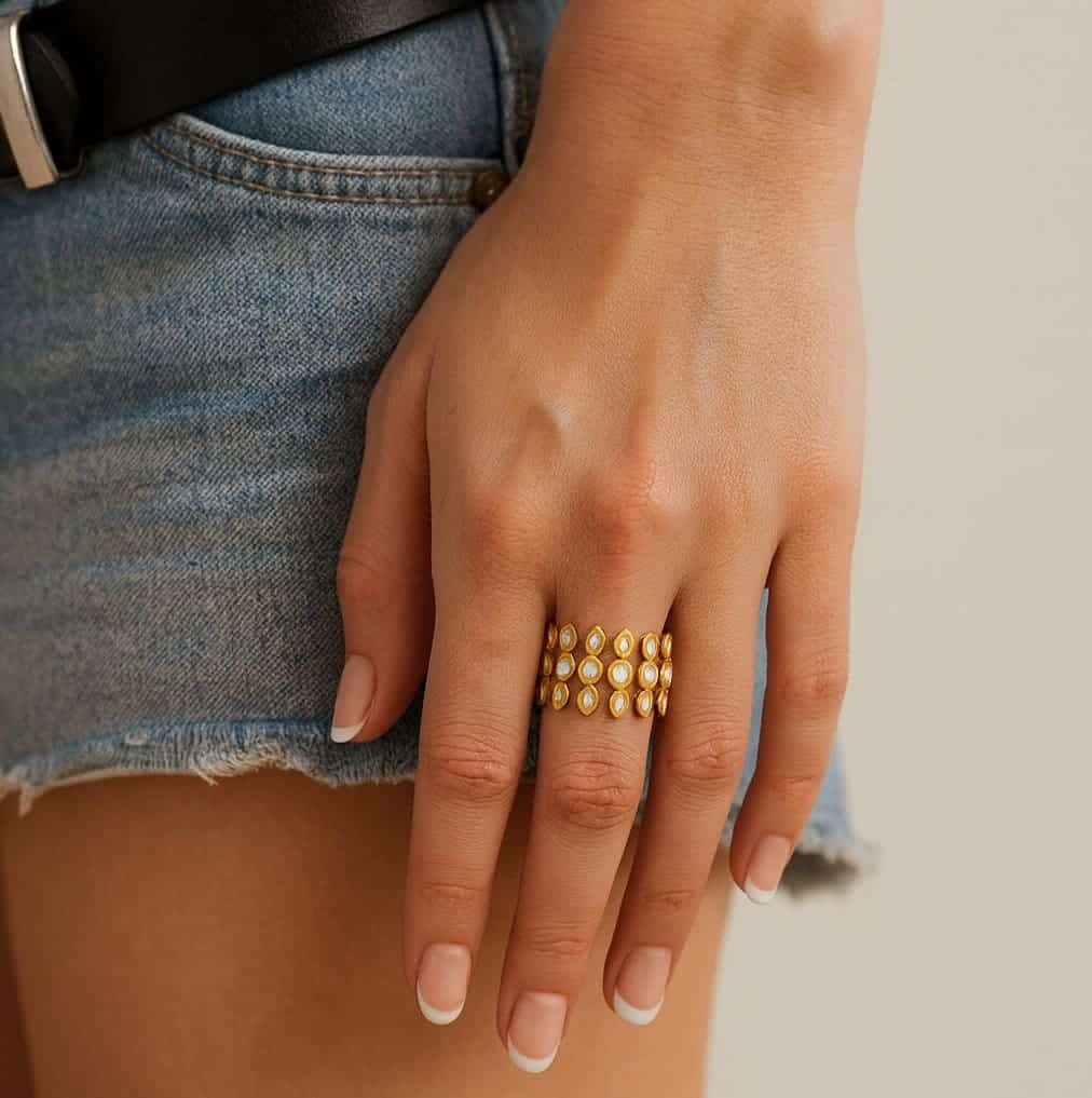 Bague 3 rangs Diamant synthétique Acier Inoxydable Doré Et Mini Zirconium réglable – Image 5