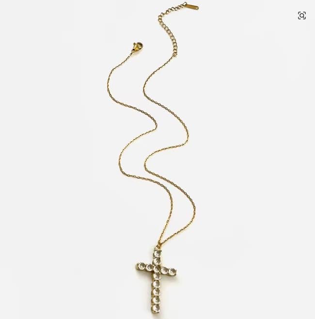 Collier croix doré femme artisanal – pendentif en strass brillants et chaîne fine ajustable – Image 4