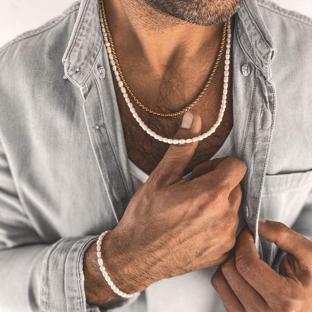 Collier Perle Blanche Ovale Naturelle Pour Homme 60 cm fait main en France
