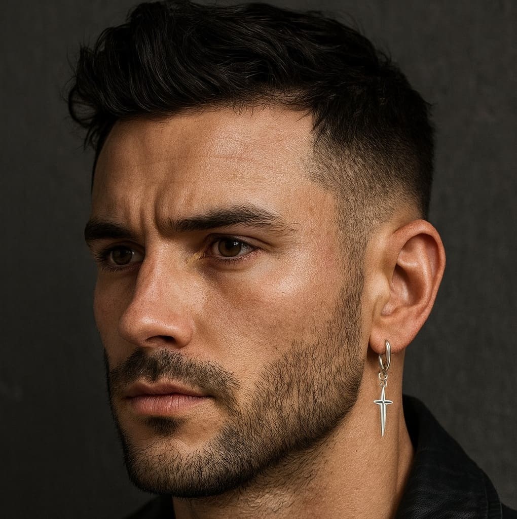 Boucle d’Oreille Croix Homme Artisanales – Créole Pendentif pointe Argent 925 – Image 4