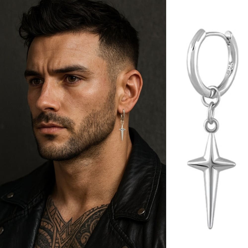 Boucle d’Oreille Croix Homme Artisanales – Créole Pendentif pointe Argent 925 – Image 2