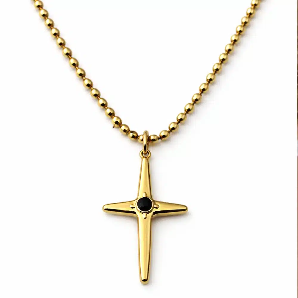 Collier Croix Chrétienne Femme en Acier Doré – Pendentif Moderne avec Pierre Noire et Chaîne Grain de Riz Élégante – Image 3