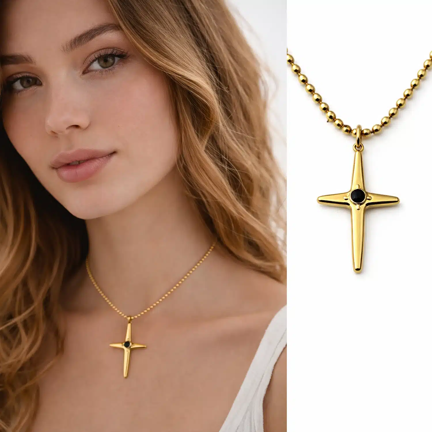 Collier Croix Chrétienne Femme en Acier Doré – Pendentif Moderne avec Pierre Noire et Chaîne Grain de Riz Élégante – Image 5