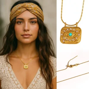 Collier Oeil Bleu Turquoise Pendentif Carré en Acier Doré – Bijou Protecteur Bohème Chic zirconium