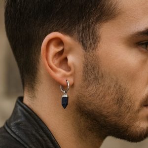 Créole Homme Argent 925 Pointe Lapis Lazuli Bleu Artisanale – Pendentif en Forme de Pyramide Hexagonale