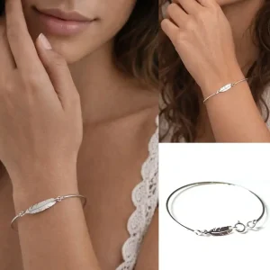 Bracelet Jonc Plume Fin en Argent 925 Massif – Bijou Élégant pour Femme à Petit Poignet