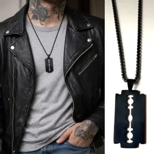 Collier lame de rasoir artisanal – pendentif Acier inoxydable noir sur chaine
