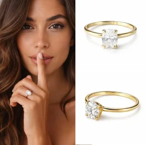 Bague solitaire diamant synthétique ovale oxyde de zirconium Argent 925 Plaqué or