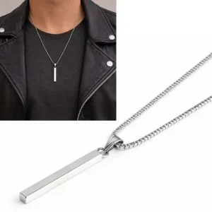 Collier homme artisanal pendentif barre et chaine maille carrée plaqué argent