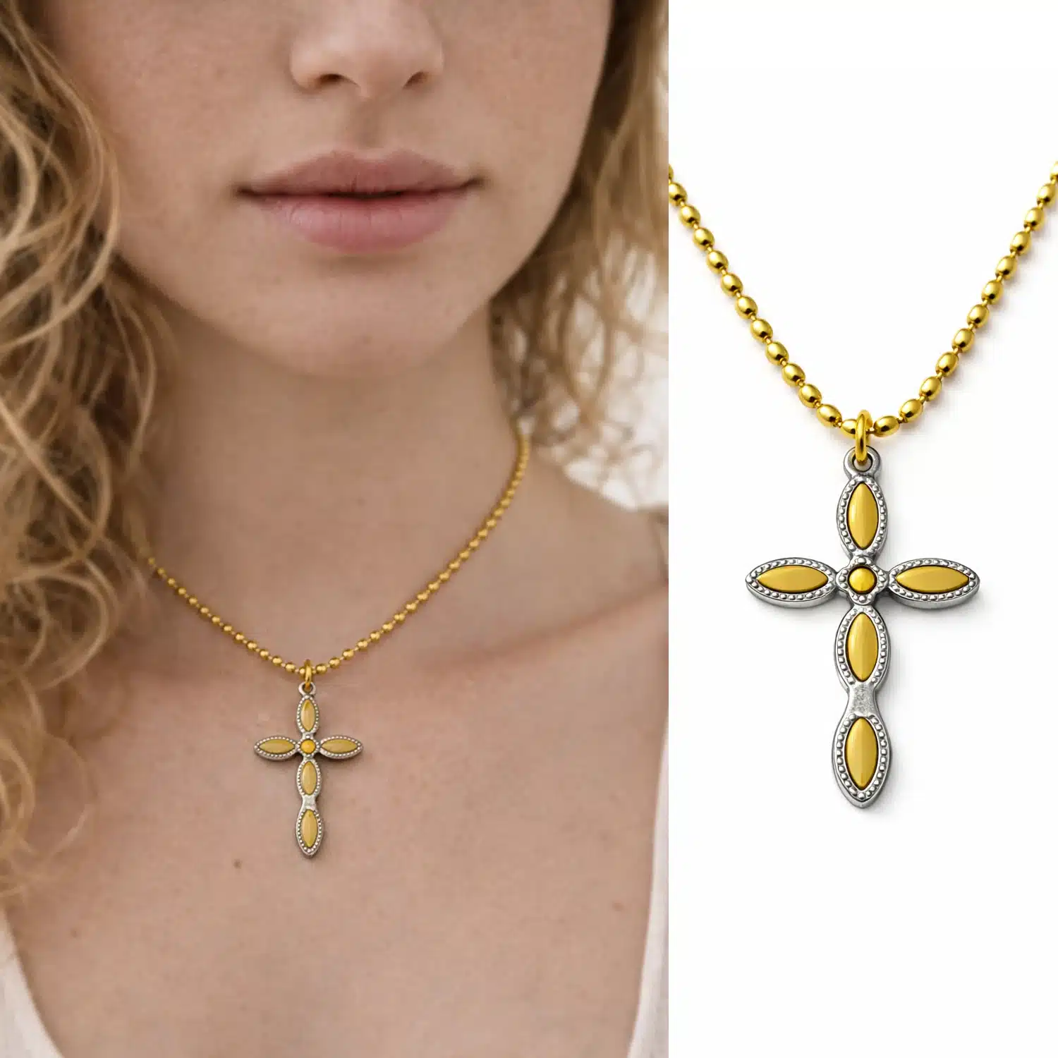 Collier Croix Chrétienne Acier Doré pour Femme – Pendentif Bicolore et Chaîne Maille Originale Grain de Riz
