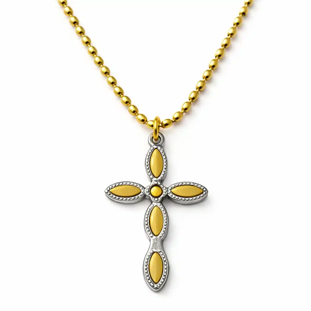 Collier Croix Chrétienne Acier Doré pour Femme – Pendentif Bicolore et Chaîne Maille Originale Grain de Riz – Image 3