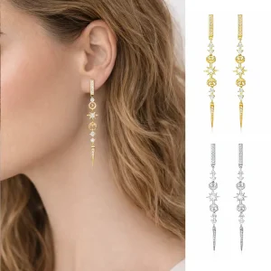 Boucles d’Oreilles Clous Pendantes en Argent 925 Plaqué Or ou Plaqué Rhodium avec Zirconium – Design Étoile, Lune et Motifs Géométriques Élégants