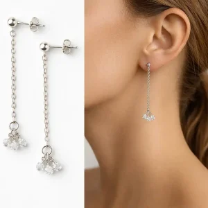 Boucles d’Oreilles 3 Diamants Blancs Véritables Artisanales – Chainette Pendante Argent 925
