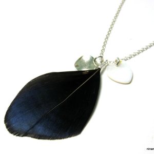 Sautoir plume véritable Argent 925 coeur nacre